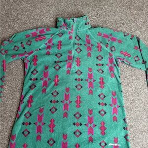 Eddie Bauer Teal and Purple Patterned Fleece Quarter Zip